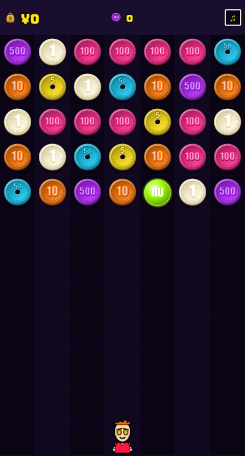 Cash-Maniac gameplay: a grid of coin tiles mid-match on the phone screen
